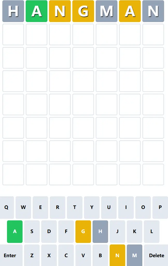 Bazingle board after HANGMAN, showing A green and N and G as present letters