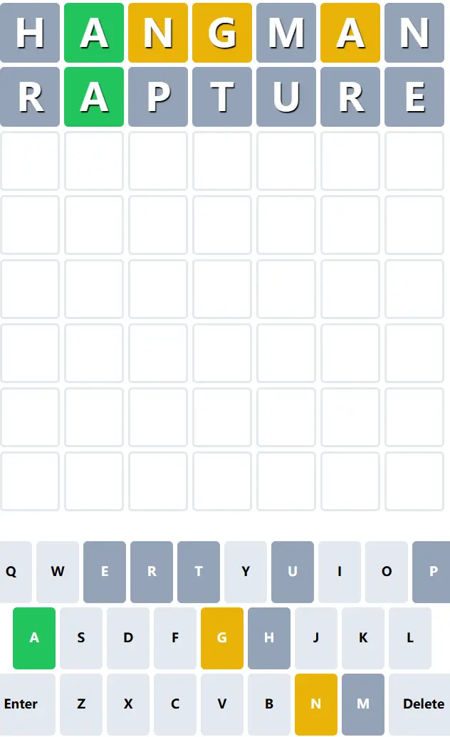 Bazingle board after HANGMAN and RAPTURE, confirming A in the second position
