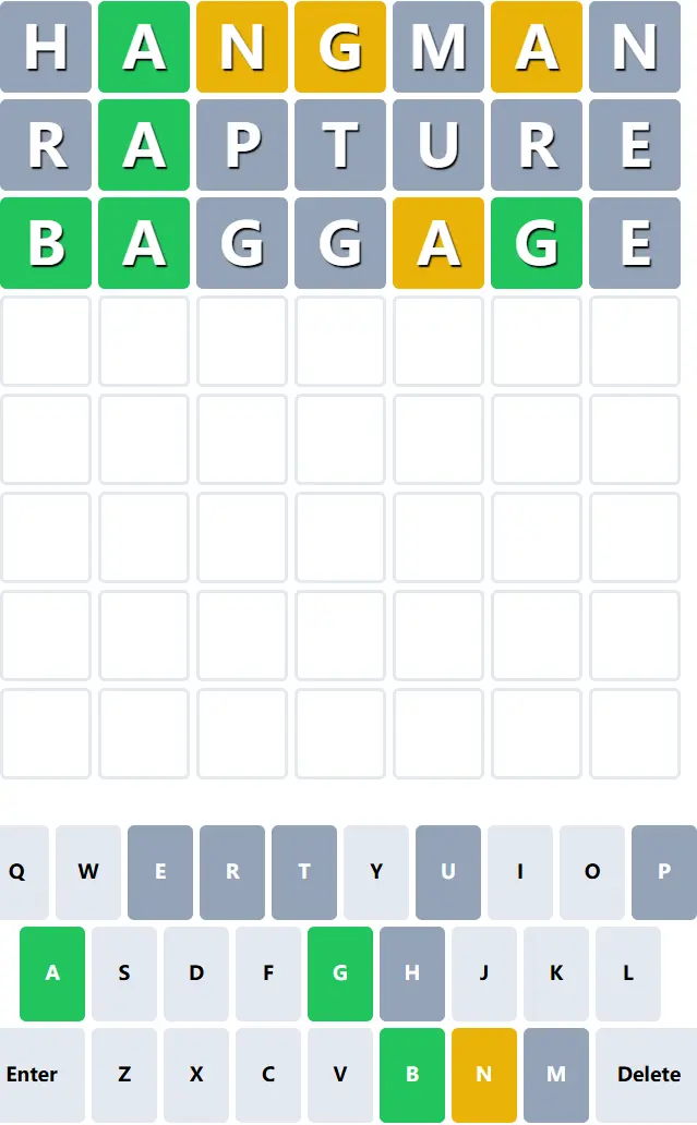 Bazingle board after BAGGAGE, with B and A fixed at the start and G fixed near the end