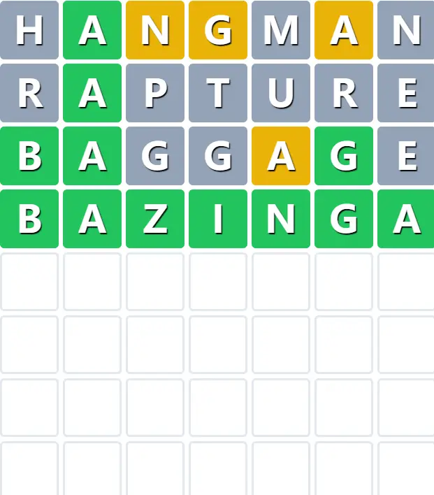 Bazingle board solved in four guesses with every tile green