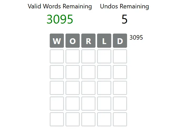Don't Wordle board after WORLD, with all five letters grey and 3,095 valid words remaining