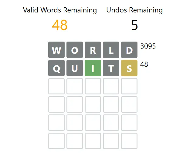 Don't Wordle board after QUITS, with I green in the third column, S yellow, and 48 valid words remaining