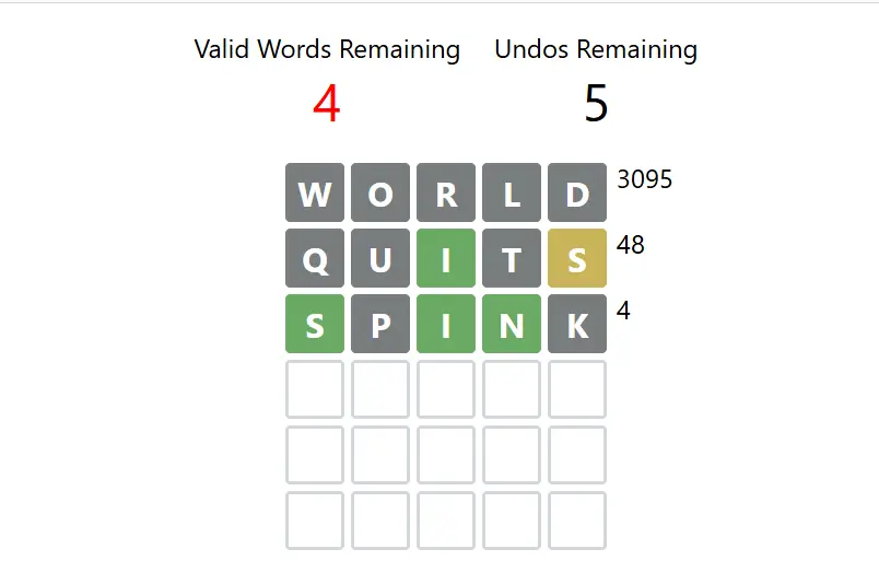 Don't Wordle board after SPINK, with S I and N green and only four valid words remaining
