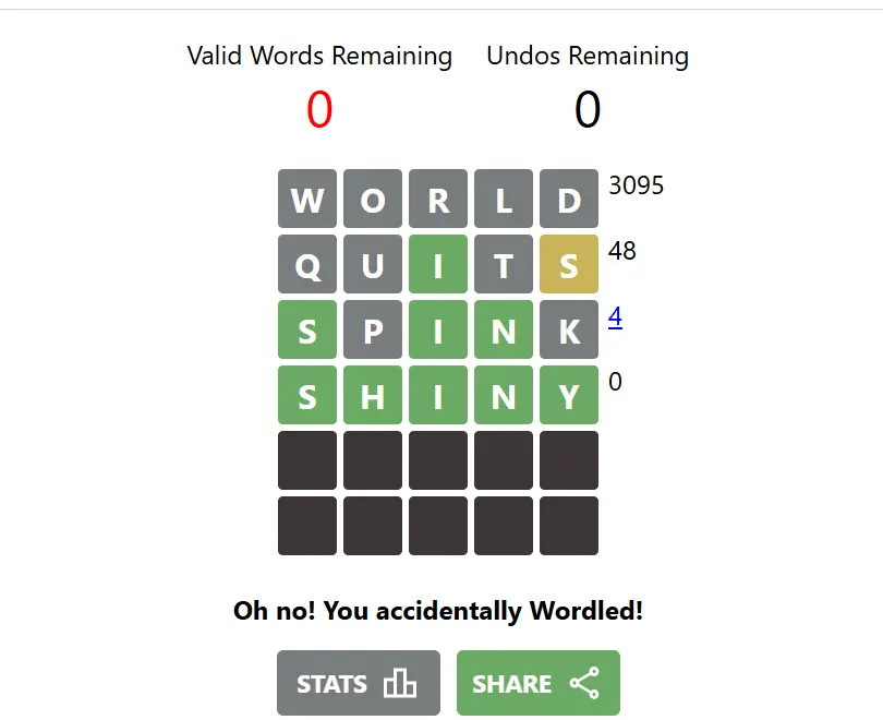 Don't Wordle loss screen after SHINY matches every tile and accidentally solves the hidden word