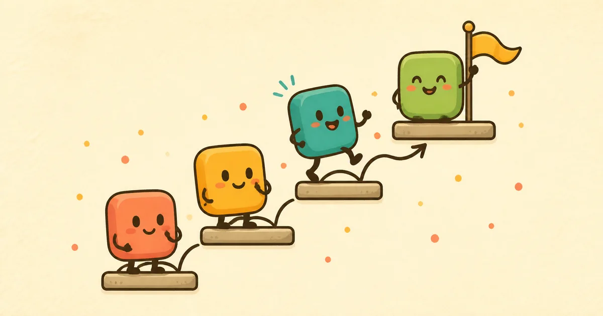 Cartoon tile characters climbing a word ladder