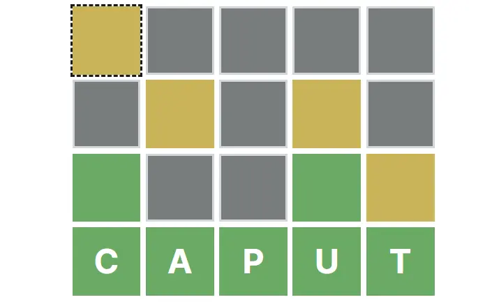 Unwordle board with CAPUT as the final row; C and U are green in the row above, while T is yellow.