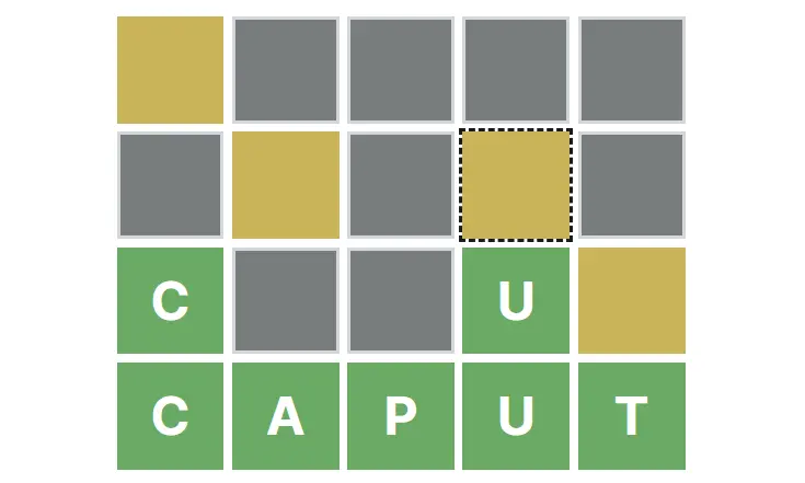 Unwordle board showing the fixed green C and U tiles with yellow U and C clues in the rows above.
