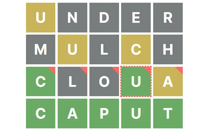 Unwordle board with UNDER, MULCH, and an invalid third-row attempt above CAPUT.