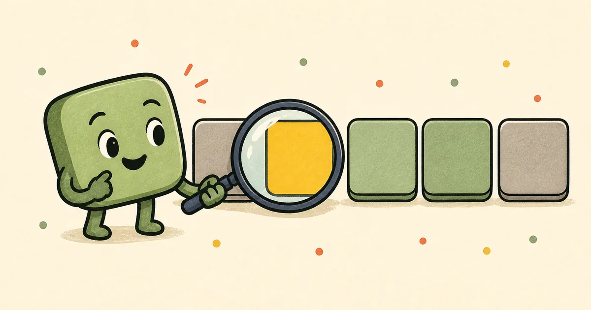 Cartoon puzzle tile using a magnifying glass to find a yellow clue