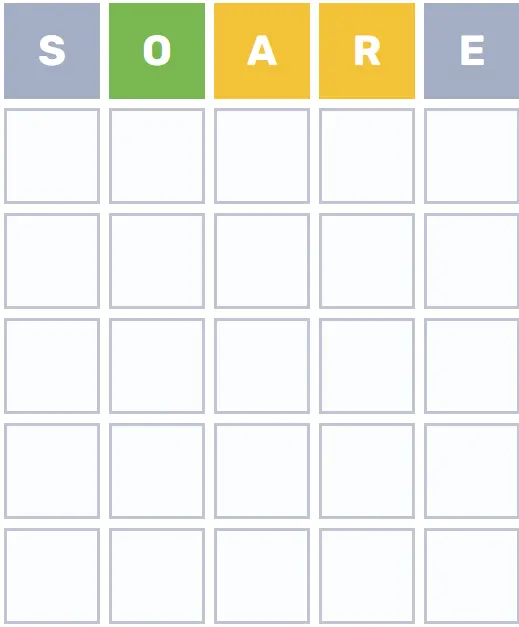 First Wordle board row: SOARE, with O green, A and R yellow, and S and E grey.