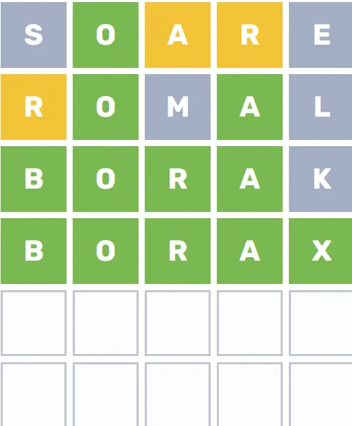 Completed Wordle board showing BORAX in five green tiles.